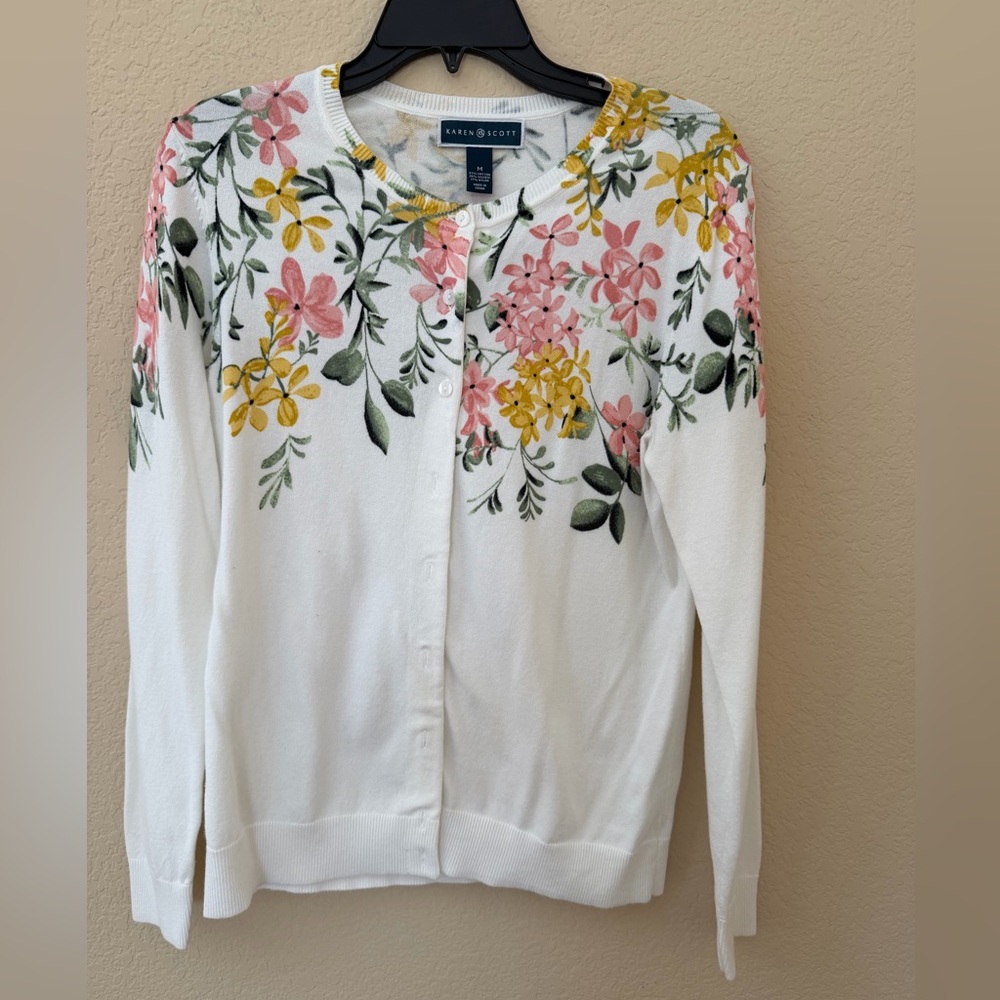 Karen Scott White Floral Crewneck Cardigan Sweater
